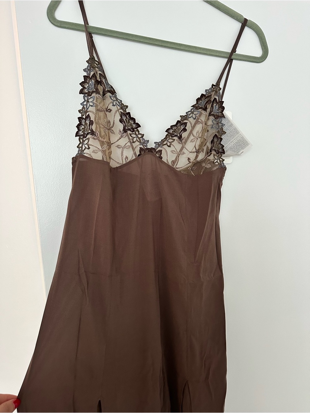 La Perla Silk Malizia Brown Lace-Trim Slip nightgown with Side Slits - Picture 3 of 14